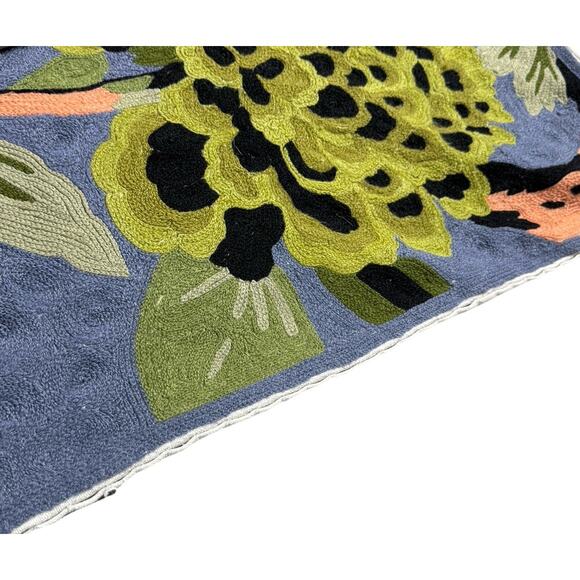 Joyous Birds | Mill River Rugs Stunning Wool Flat Weave Rug Hand Hooked Embroidered Bird 4x6 French Crewel